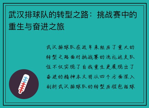 武汉排球队的转型之路：挑战赛中的重生与奋进之旅