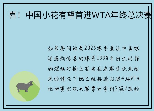 喜！中国小花有望首进WTA年终总决赛